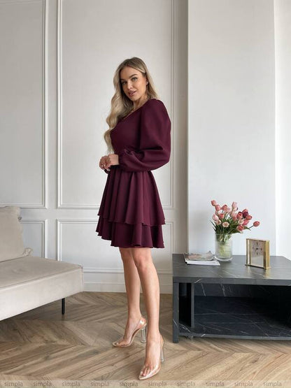 Elegant Burgundy Long Sleeve Layered Mini Dress