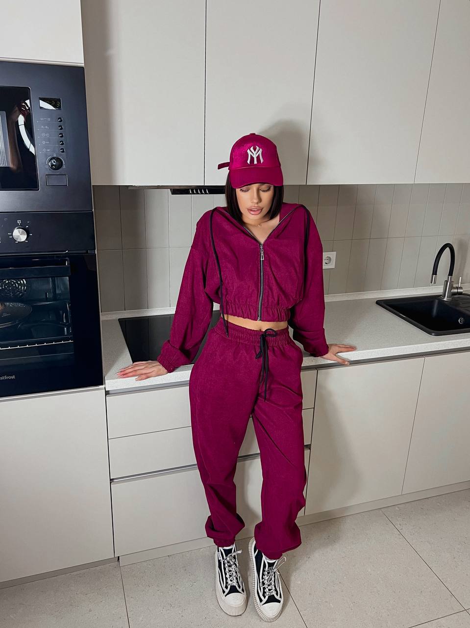 Womens Burgundy Microvelvet Tracksuit with Elastic Hem and Zip Jacket