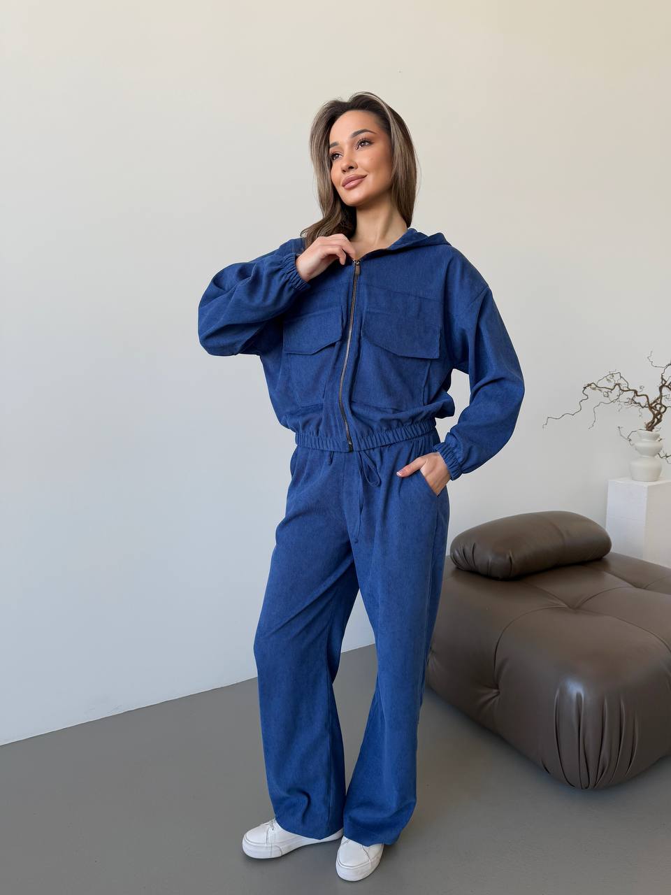 Womens Blue Microvelvet Two Piece Casual Suit with Hood