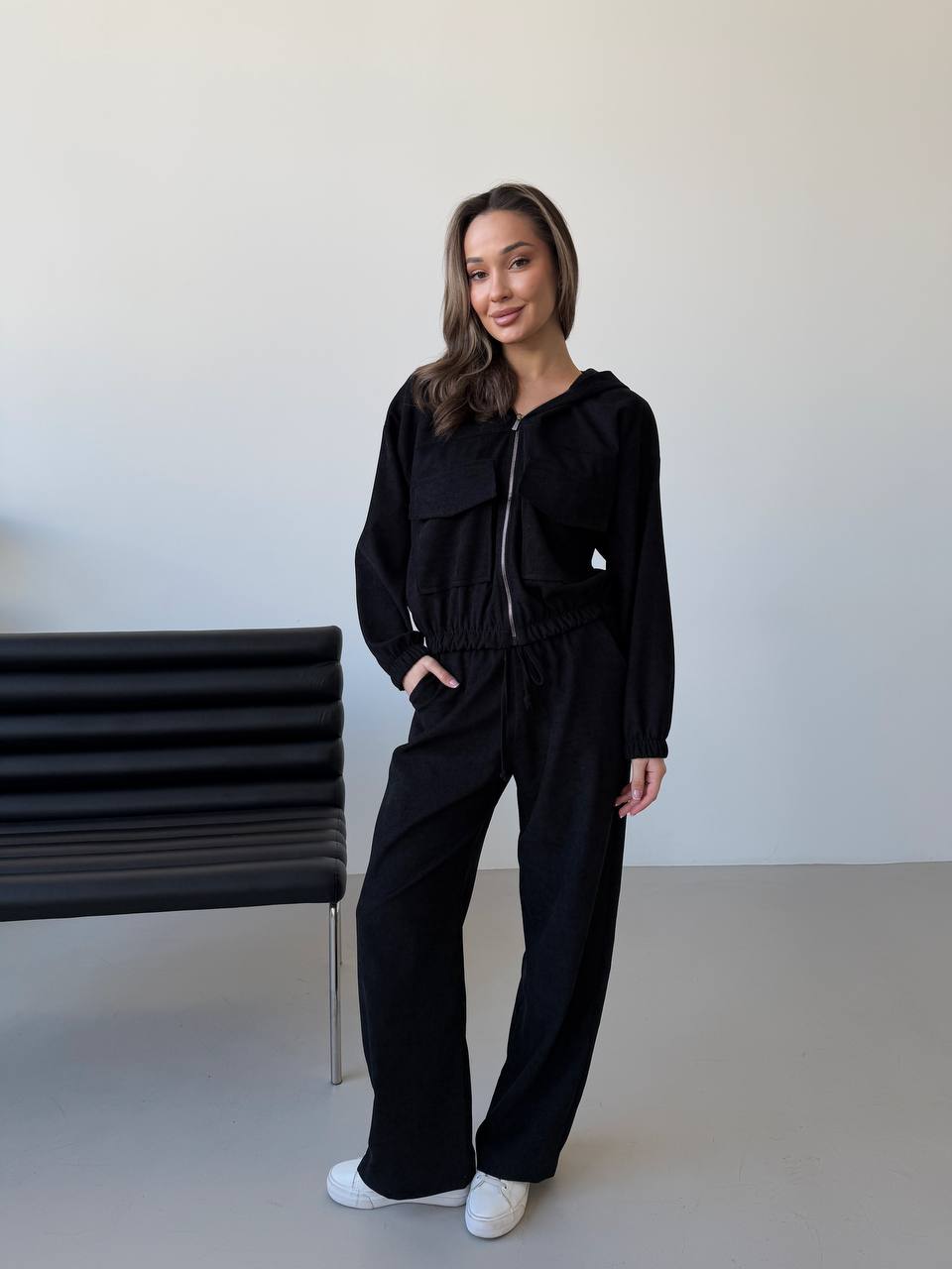 Black Microvelvet Women's Two-Piece Casual Set with Zipper and Hood