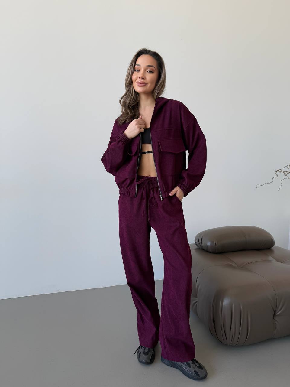 Womens Microvelvet Two Piece Suit Burgundy Casual Outfit