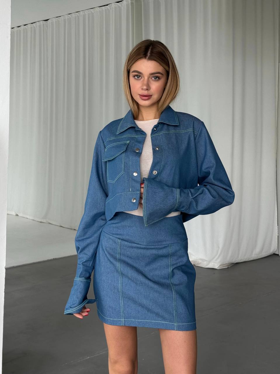 Trendy Denim Two-Piece Set Crop Shirt and Mini Skirt