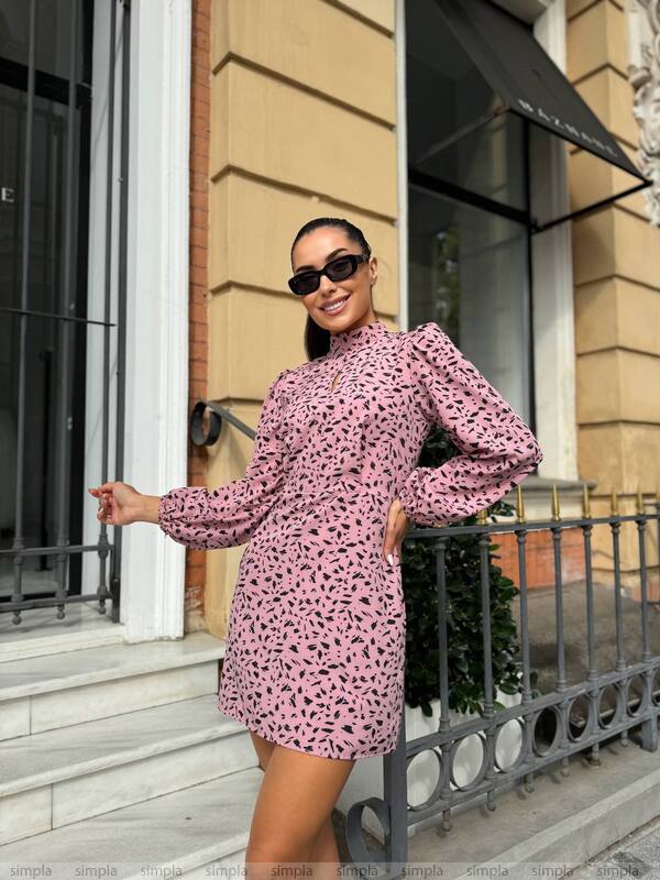 Woman in a pink dress with a leopard print pattern standing on steps outside a building.
