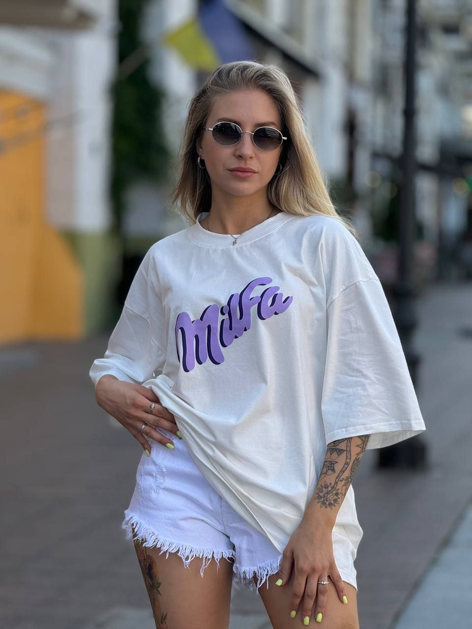 White Oversized T Shirt with Purple Mifa Print Casual Summer Top