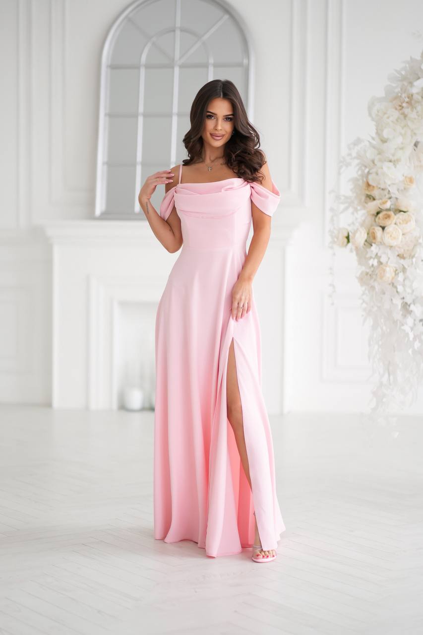 Elegant Pink Draped Off Shoulder Evening Dress with Slit