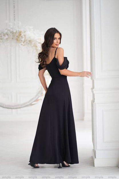 Elegant Black Evening Dress with Draped Neckline and Off-Shoulder Sleeves