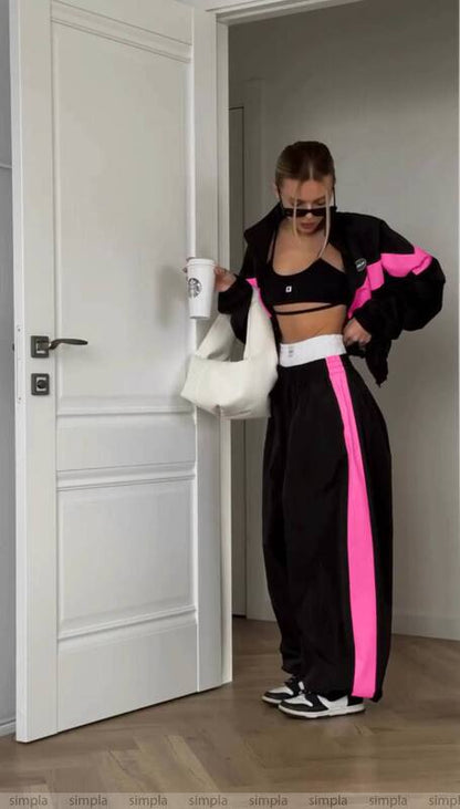 Oversized Trendy Two-Piece Tracksuit Black with Pink Accent