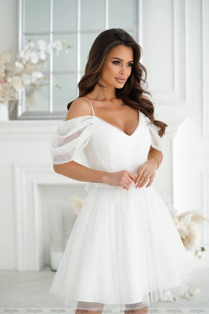 Elegant White Cocktail Dress with Puffy Sheer Sleeves and Satin Waistband