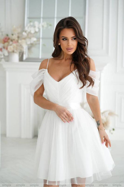 Elegant White Cocktail Dress with Puffy Sheer Sleeves and Satin Waistband