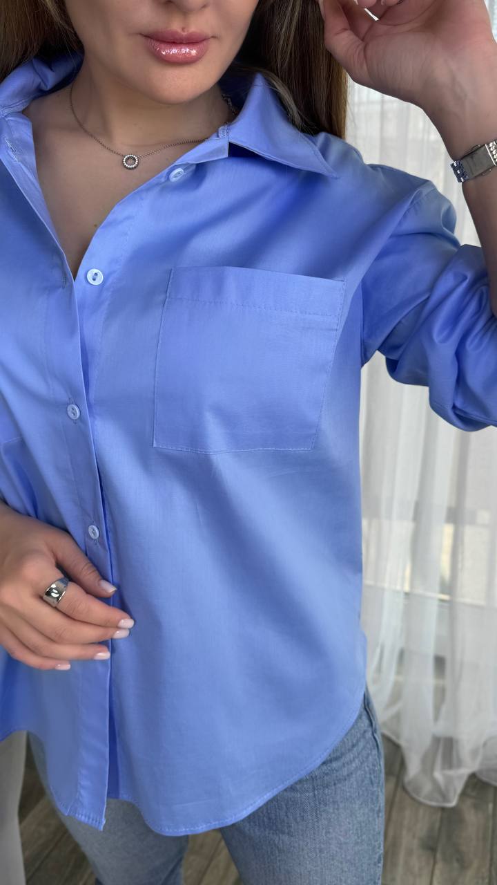 Blue Cotton Loose Fit Shirt with Pockets and Button Closure