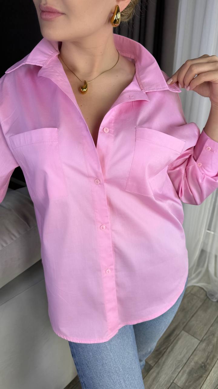 Pink Cotton Women's Button-Up Shirt with Pockets
