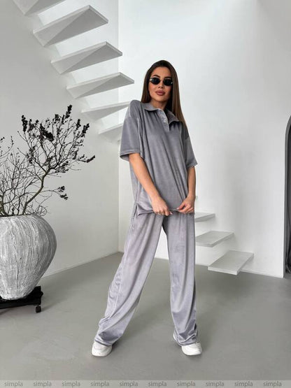 Stylish Gray Velour Two-Piece Casual Suit