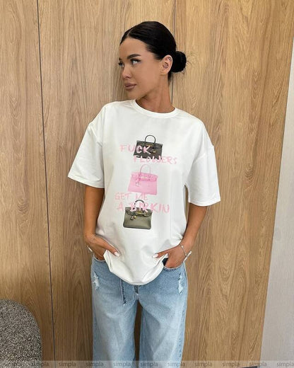 Oversize Cotton T Shirt with Unique Handbag Print
