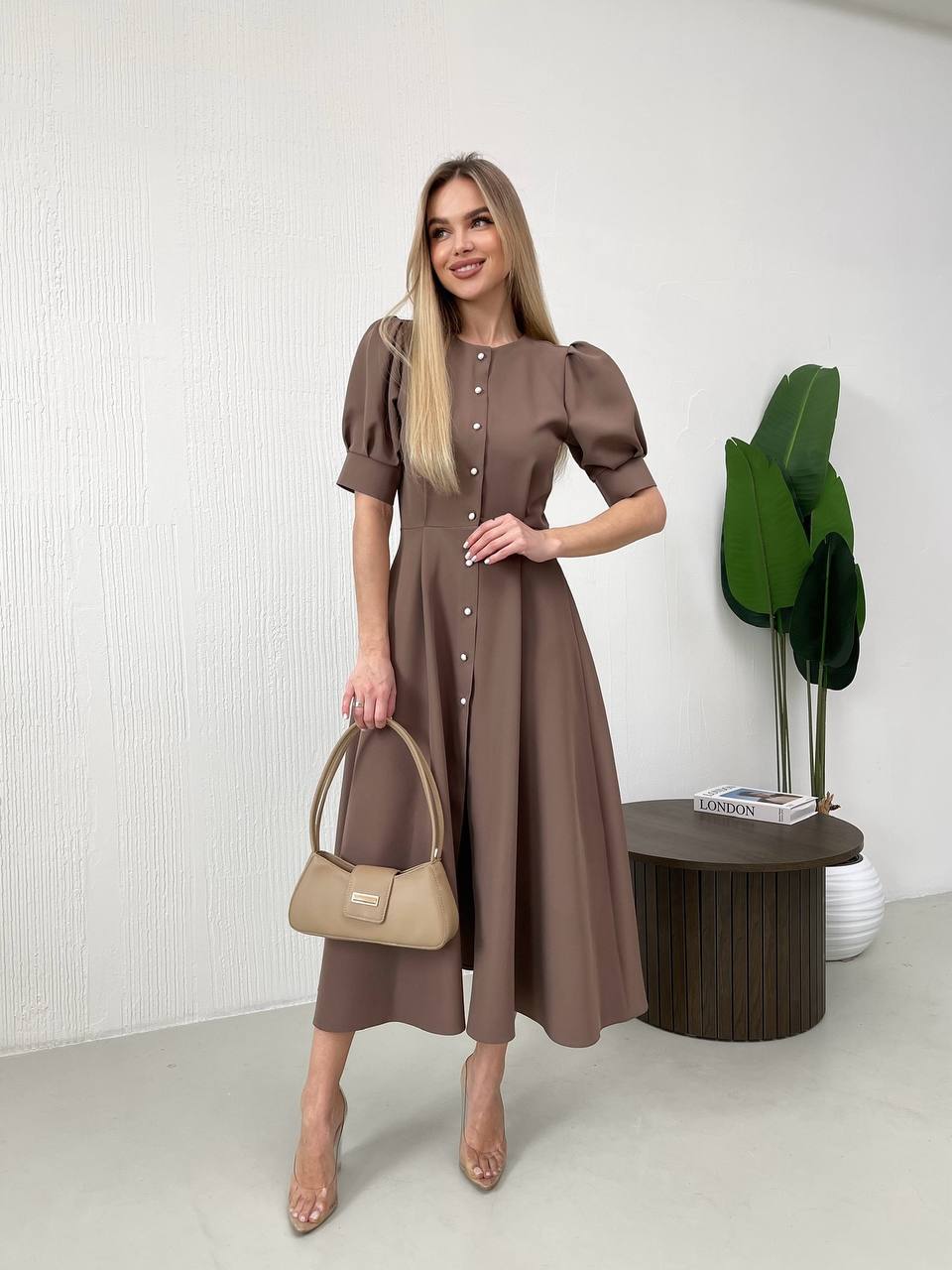 Elegant Women's Brown Midi Dress with Pearls Button Detail