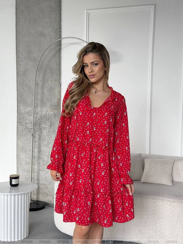 Red Floral Loose Fit Dress with Side Pockets and Tie Neck Detail