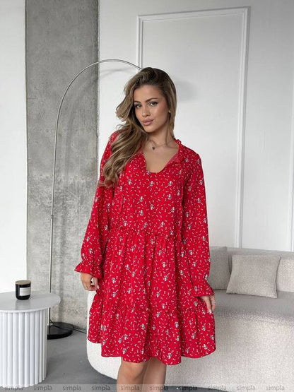 Red Floral Loose Fit Dress with Side Pockets and Tie Neck Detail
