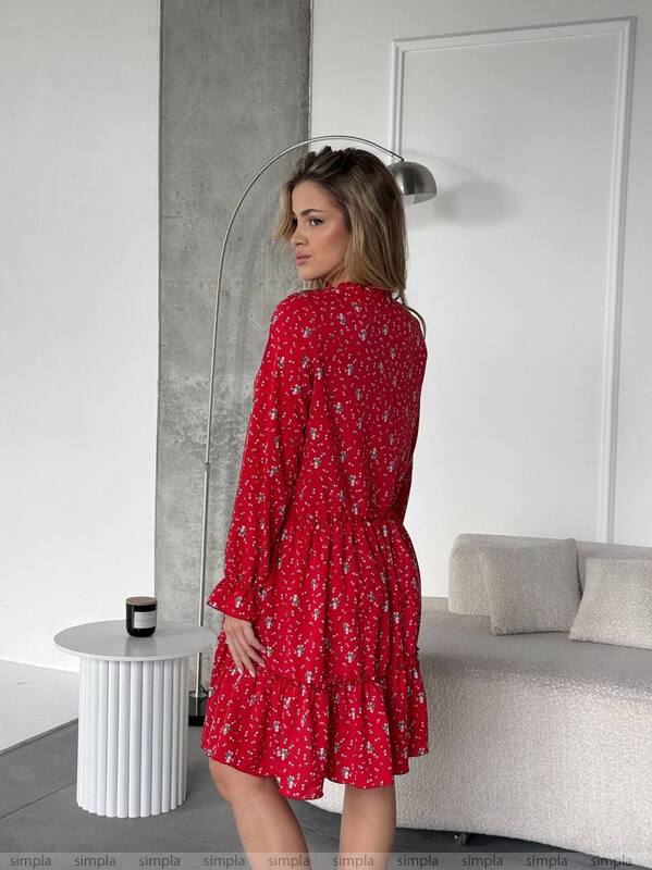 Red Floral Loose Fit Dress with Side Pockets and Tie Neck Detail