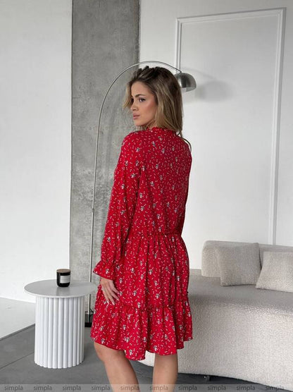 Red Floral Loose Fit Dress with Side Pockets and Tie Neck Detail
