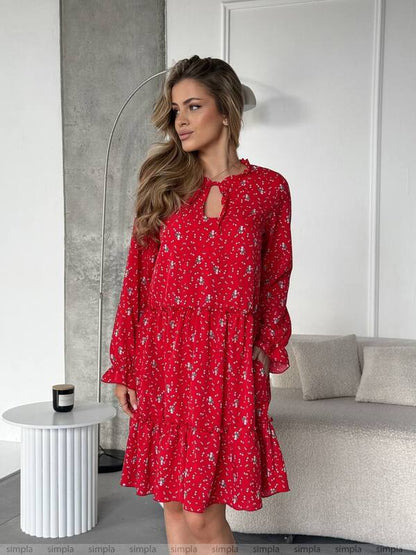 Red Floral Loose Fit Dress with Side Pockets and Tie Neck Detail