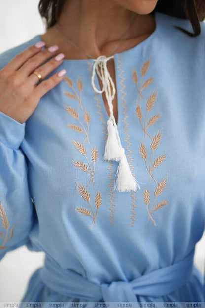 Light Blue Linen Embroidered Dress with Flared Skirt and Waist Belt