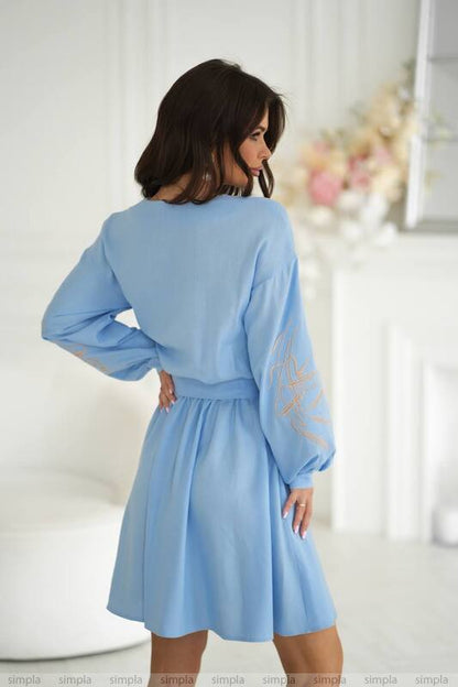 Light Blue Linen Embroidered Dress with Flared Skirt and Waist Belt