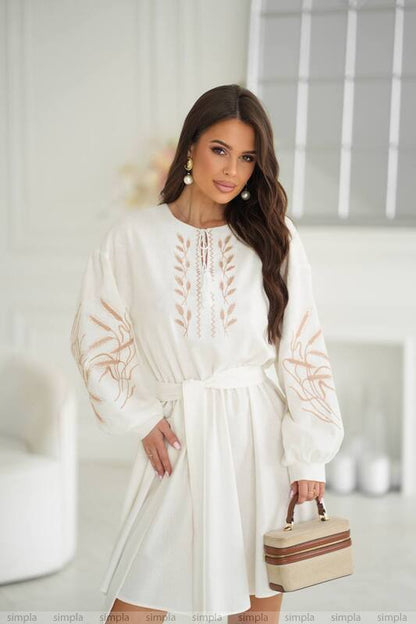 White Linen Embroidered Dress with Flared Skirt and Tassel Neckline