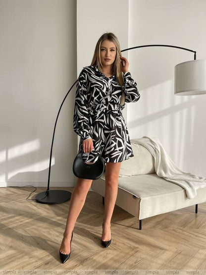 Womens Black White Printed Loose Fit Jumpsuit with Elastic Waist