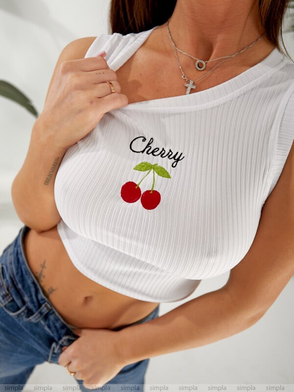White tank top with 'Cherry' and cherry graphic worn by a person.