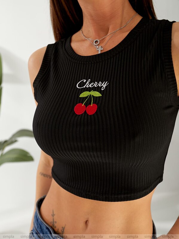 Black ribbed tank top with cherry design and 'Cherry' text on a white background