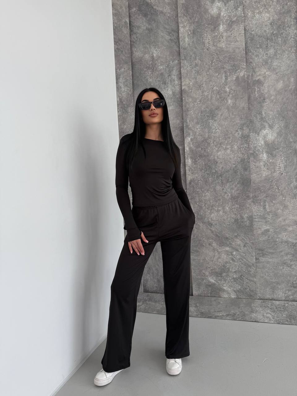 Black Three-Piece Suit Women Casual Lounge Set Microdiving Material
