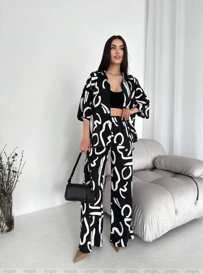 Lightweight Black and White Print Two-Piece Suit for Women