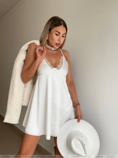 Elegant White Silk Slip Dress with Lace Detail and Back Cutout
