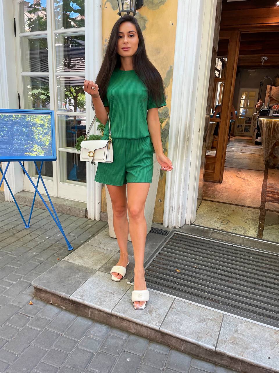 Lightweight Summer Green Ribbed Two-Piece Outfit