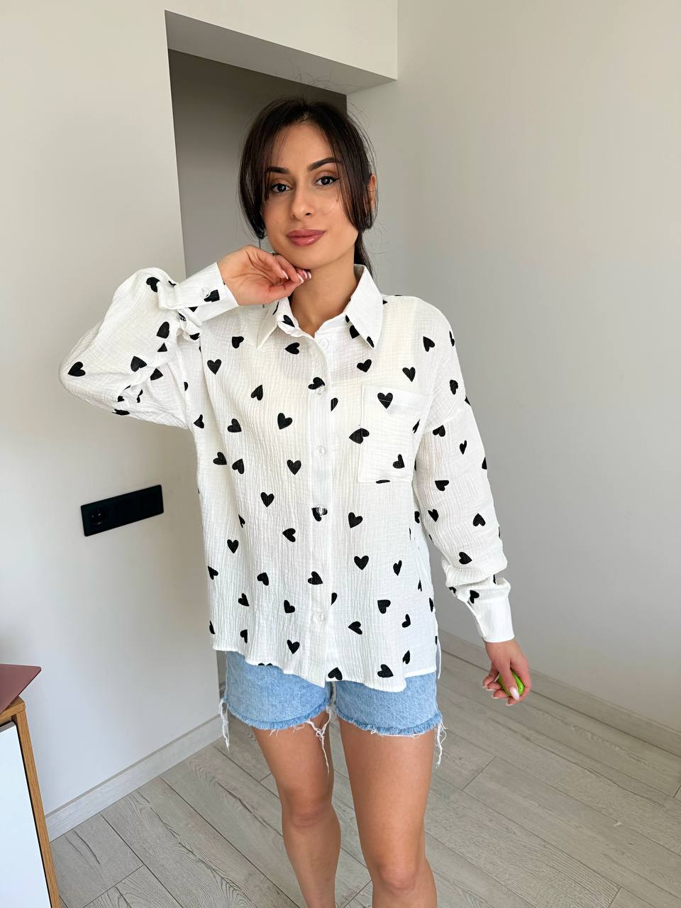 White Cotton Muslin Shirt with Black Heart Pattern