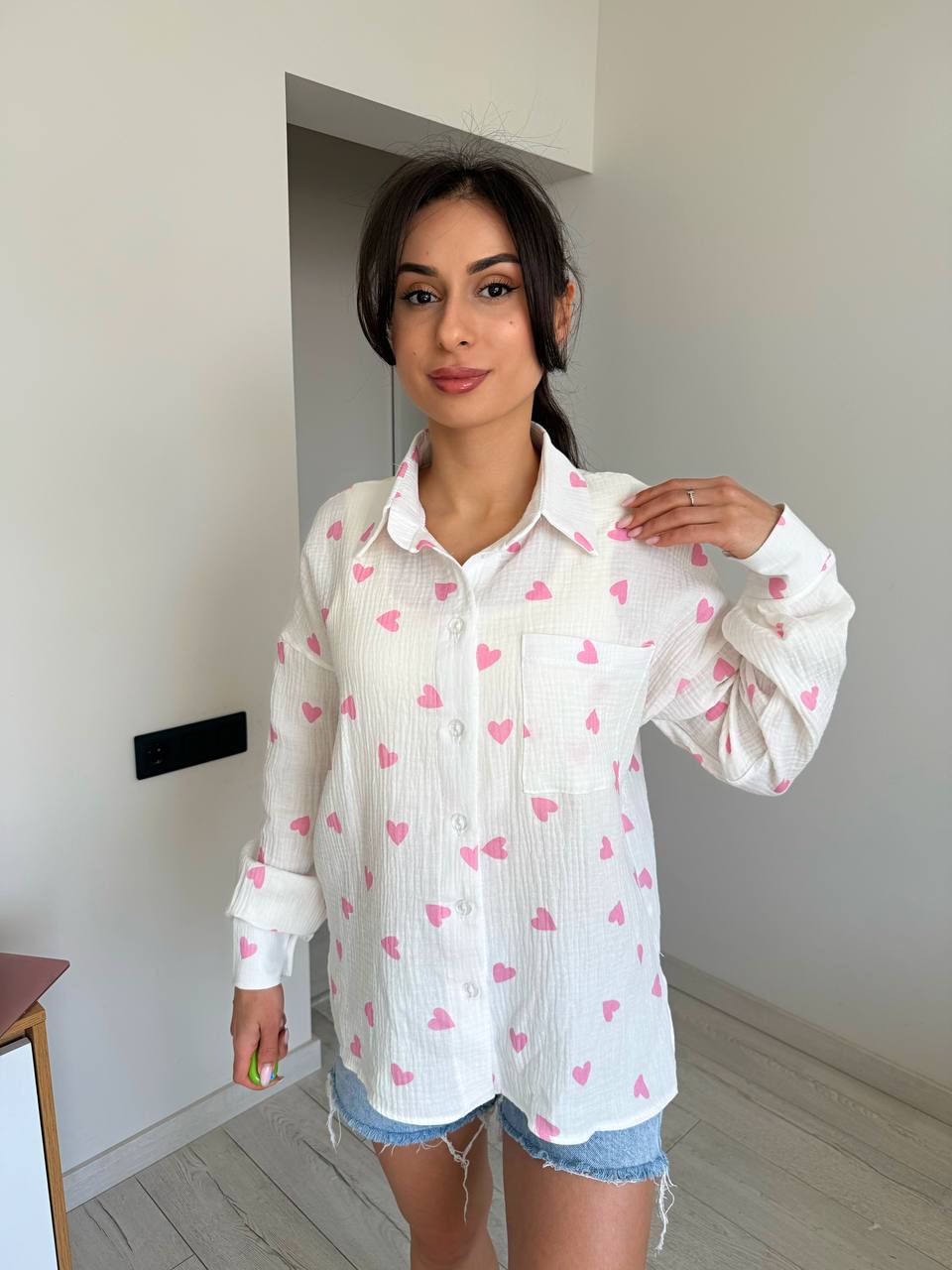 White Muslin Cotton Shirt with Pink Hearts Pattern