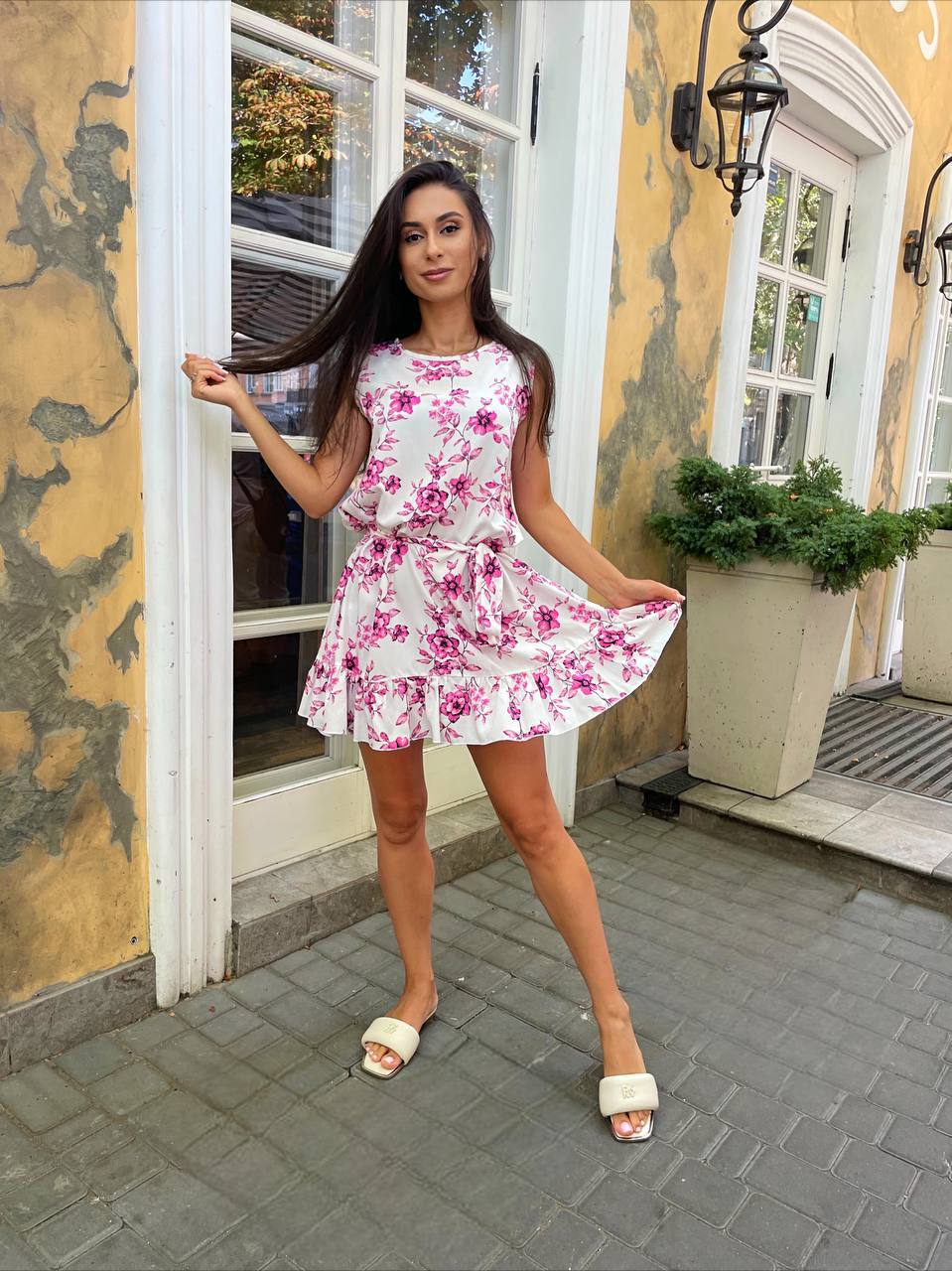 Lightweight Summer Dress with Pink Floral Print
