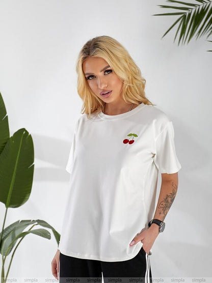 White T-Shirt with Cherry Embroidery Casual Cotton Lycra Tee