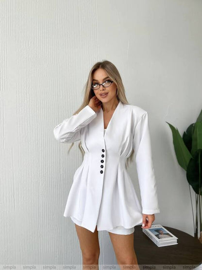 Stylish Womens White Blazer and Shorts Suit with Shoulder Pads