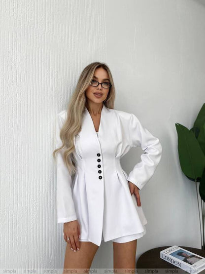Stylish Womens White Blazer and Shorts Suit with Shoulder Pads
