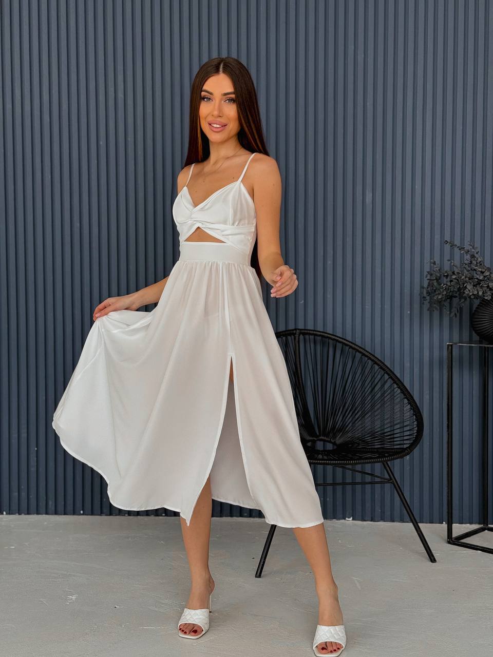 White Soft Fabric Spaghetti Strap Midi Dress with Front Slit