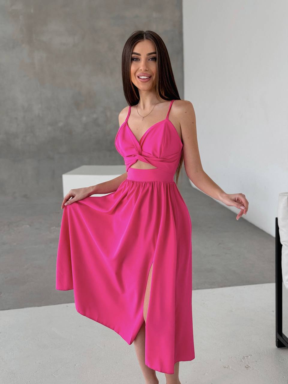 Pink Soft Fabric Women's Summer Dress with Spaghetti Straps and Side Slit