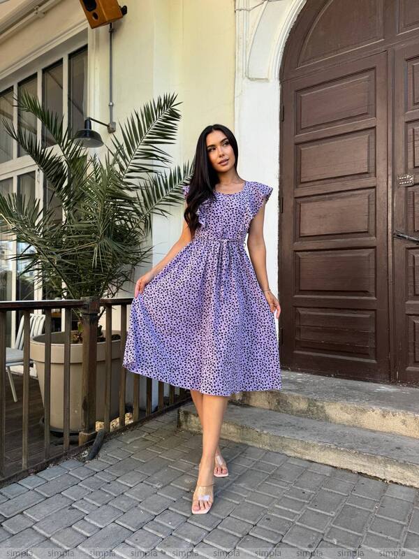 Purple Floral Print Midi Dress with Fabric Belt and Pockets
