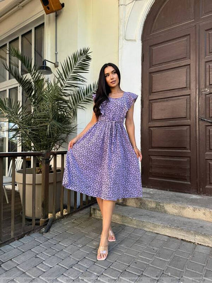 Purple Floral Print Midi Dress with Fabric Belt and Pockets