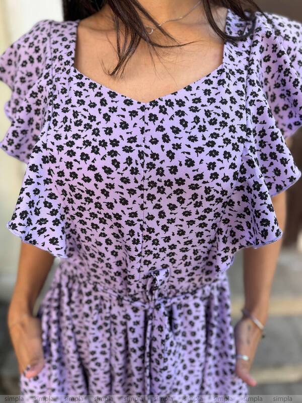 Purple Floral Print Midi Dress with Fabric Belt and Pockets