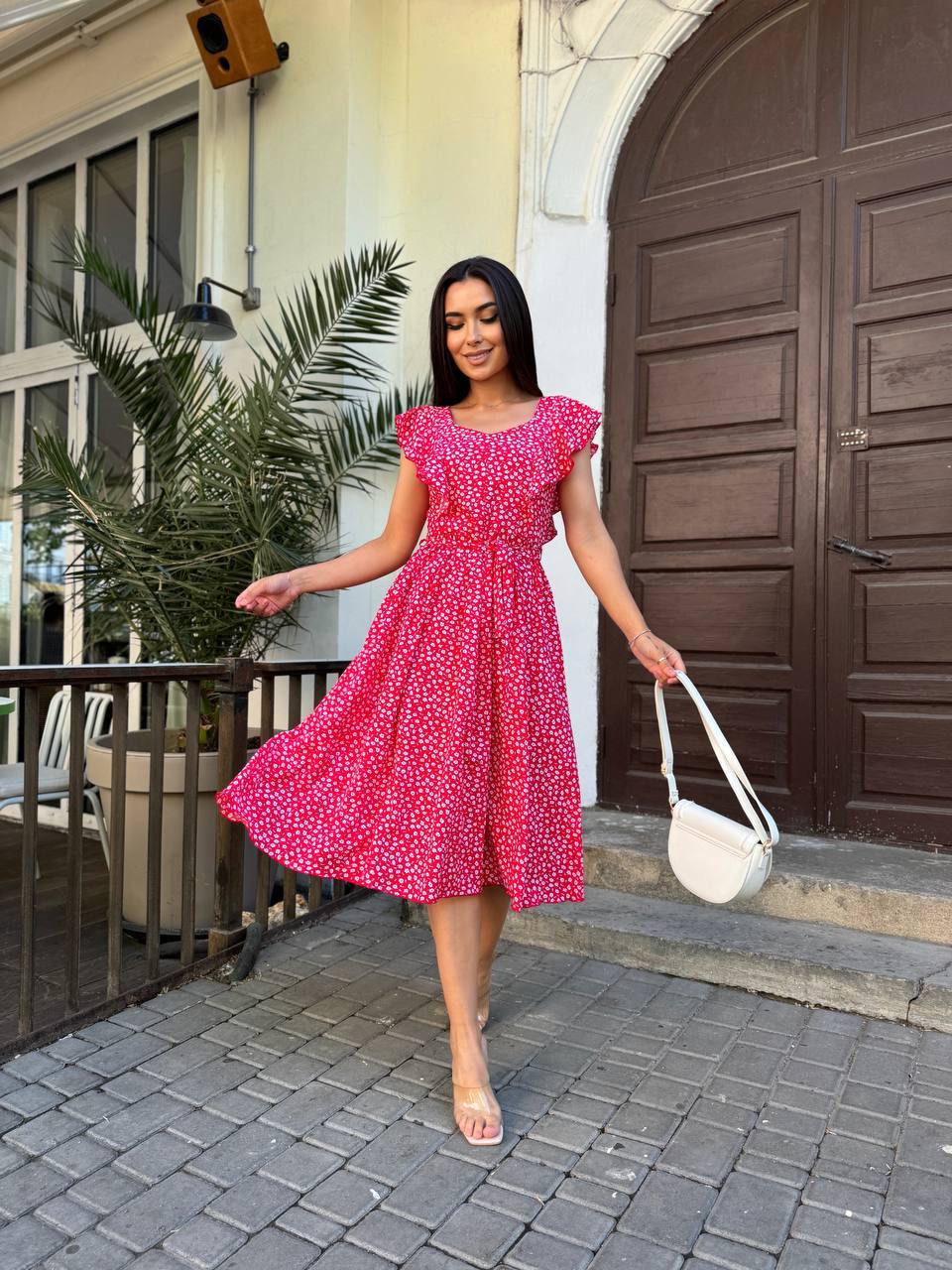 Summer Midi Dress with Floral Print and Fabric Belt