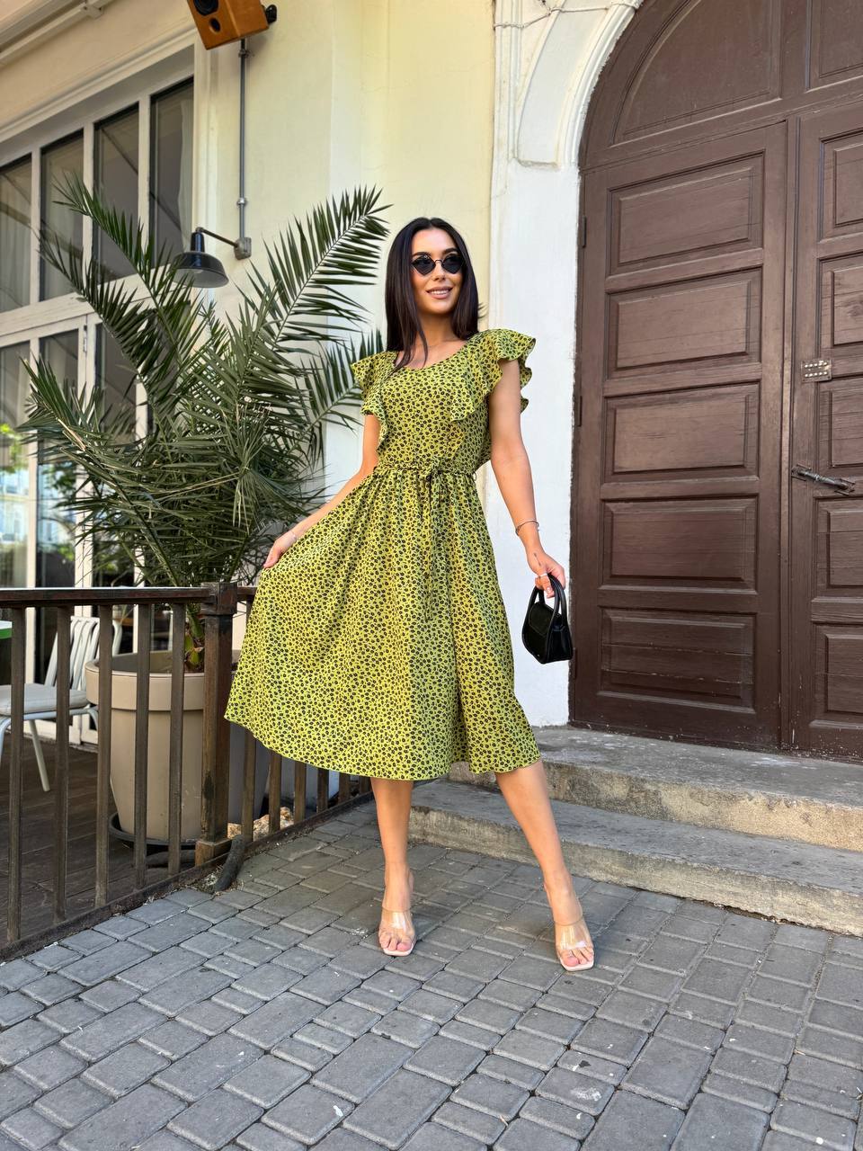 Womens Green Midi Summer Dress with Ruffle Sleeves and Fabric Belt