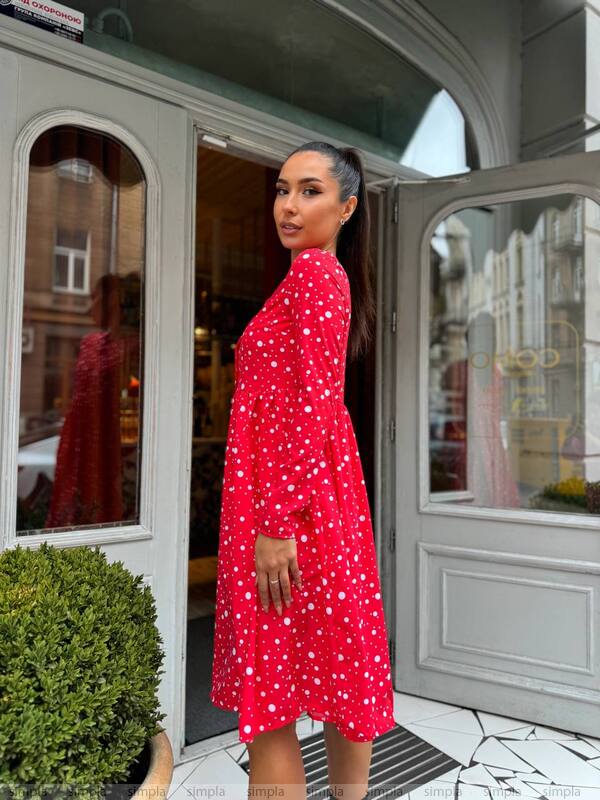 Woman in a red dress standing in front of a building entrance.