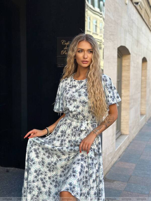 Floral Midi Dress with Belted Waist and Short Flutter Sleeves