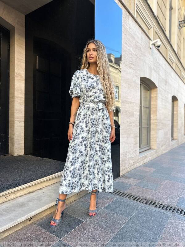 Floral Midi Dress with Belted Waist and Short Flutter Sleeves