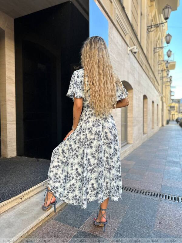 Floral Midi Dress with Belted Waist and Short Flutter Sleeves